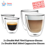2 x Espresso + 2 x Cappuccino Double Wall Thermo Glasses Glass Cups Coffee Set - Thefridgefiltershop