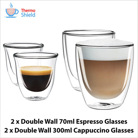2 x Espresso + 2 x Cappuccino Double Wall Thermo Glasses Glass Cups Coffee Set for Delonghi - Thefridgefiltershop