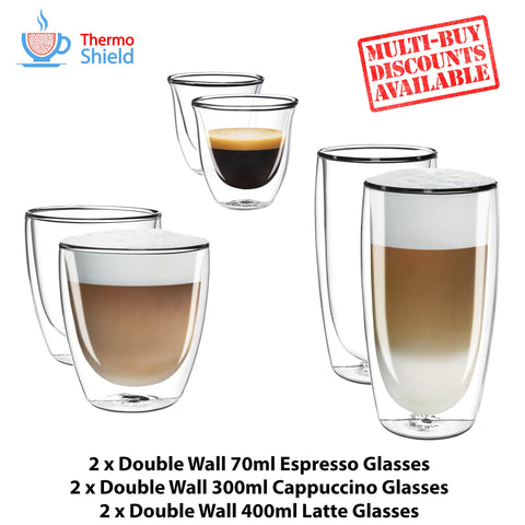 2 x Espresso, 2 x Cappuccino, 2 x Latte Double Wall Cups Mugs Glasses Glass Set - Thefridgefiltershop