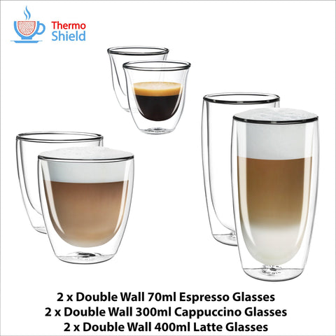 2 x Espresso, 2 x Cappuccino, 2 x Latte Double Wall Cups Mugs Glasses Glass Set for Delonghi - Thefridgefiltershop