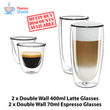 2 x Espresso + 2 x Caffe Latte Double Wall Dual Cups Mug Glasses Glass Coffee Set - Thefridgefiltershop