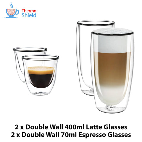 2 x Espresso + 2 x Caffe Latte Double Wall Dual Cups Mug Glasses Glass Coffee Set for Delonghi - Thefridgefiltershop