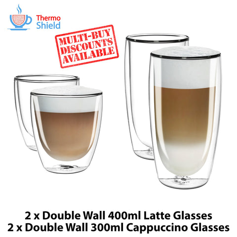 2 x Cappuccino + 2 x Caffe Latte Double Wall Dual Thermo Glasses Glass Set - Thefridgefiltershop