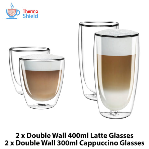 2 x Cappuccino + 2 x Caffe Latte Double Wall Dual Thermo Glasses Glass Set for Delonghi - Thefridgefiltershop