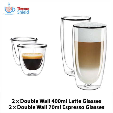 2 x Espresso + 2 x Caffe Latte Double Wall Dual Cups Mug Glasses Glass Coffee Set for Delonghi - Thefridgefiltershop 