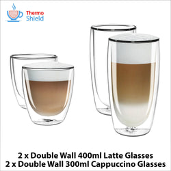 2 x Cappuccino + 2 x Caffe Latte Double Wall Dual Thermo Glasses Glass Set for Delonghi - Thefridgefiltershop 